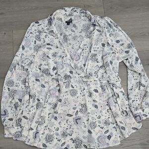 Torrid White and Gray Faux Wrap Blouse with Collar